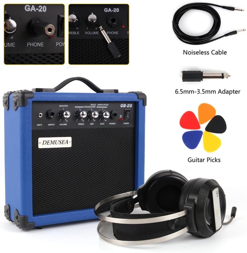 demusea 20W Watt Dark Blue Electric Bass Guitar Amplifier Portable Travel Mini Practice Amp Headphone Jack Aux Treble Middle Bass Mp3 with Cable Adapter Guitar Picks in - Image 5